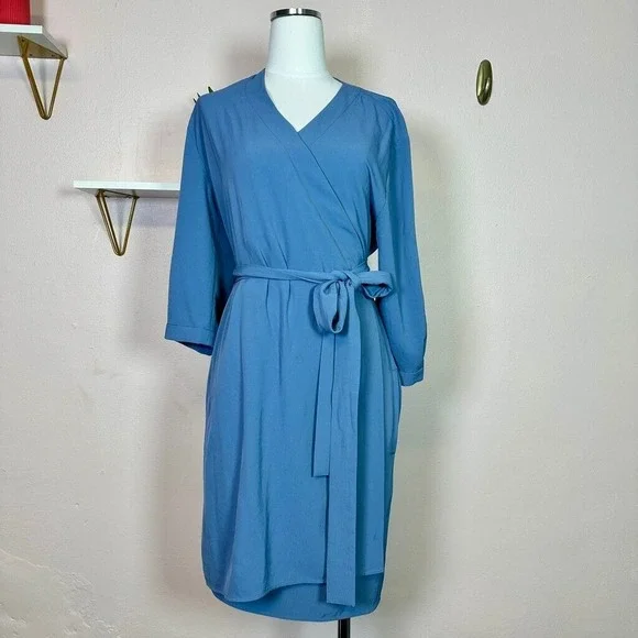 EVERLANE Japanese GoWeave Wrap Dress Blue Three Quarter Sleeve 10 - Picture 2 of 8